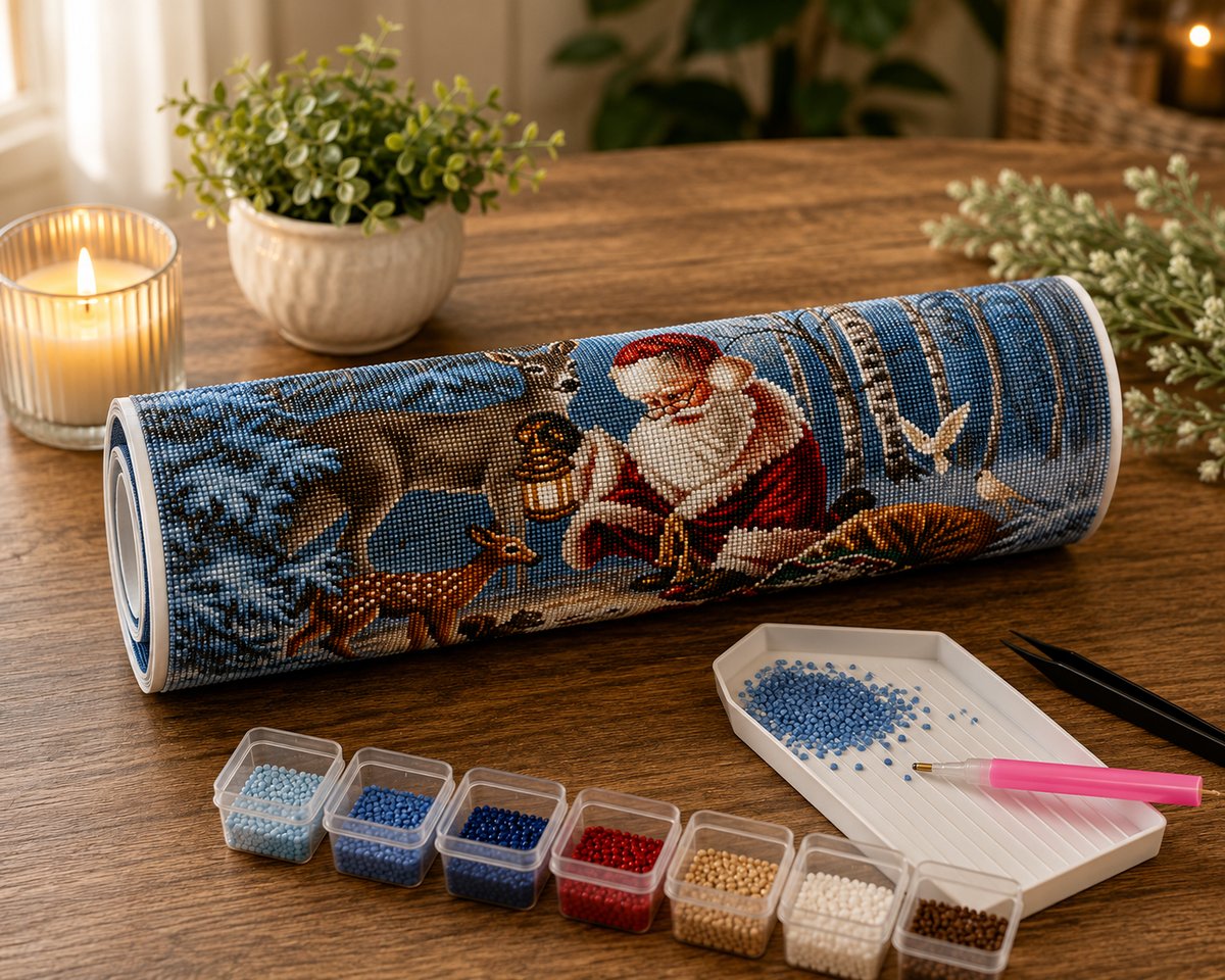 Rolled canvas and full supplies for the Santa forest animals kit, including diamond trays, applicator pen, and tweezers | Azurra Shop