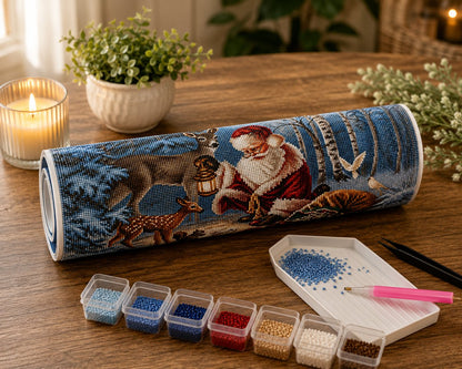 Rolled canvas and full supplies for the Santa forest animals kit, including diamond trays, applicator pen, and tweezers | Azurra Shop