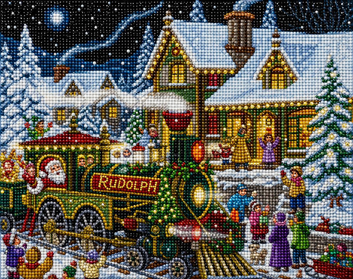 Close up of the finished Santa diamond painting riding the Rudolph Christmas train through a snowy village | Azurra Shop