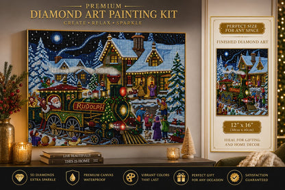 Framed Santa Christmas train diamond painting displayed above a living room console table | Azurra Shop
