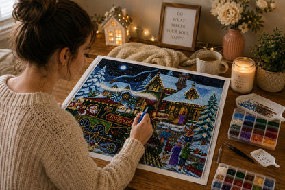 Rolled canvas and full supplies for the Santa Christmas train kit, including diamond trays, applicator pen, and tweezers | Azurra Shop