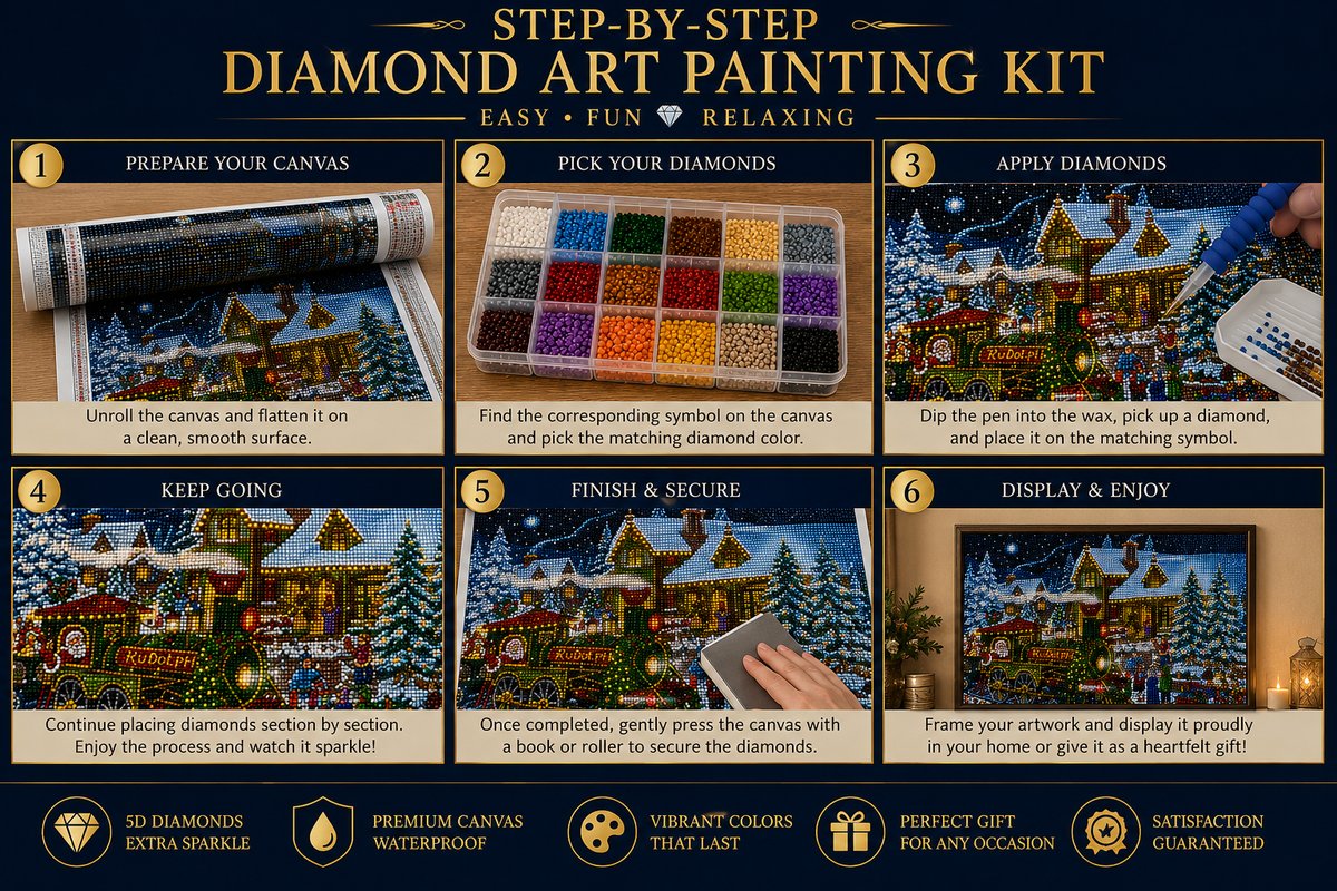 Six step guide showing how to complete the Santa Christmas train diamond painting | Azurra Shop