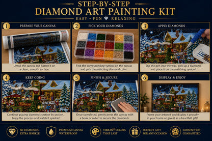 Six step guide showing how to complete the Santa Christmas train diamond painting | Azurra Shop