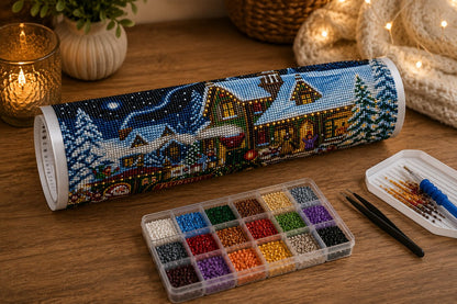 Working on the Santa Christmas train kit at a desk with a lamp, candle, flowers, and a mug of coffee | Azurra Shop