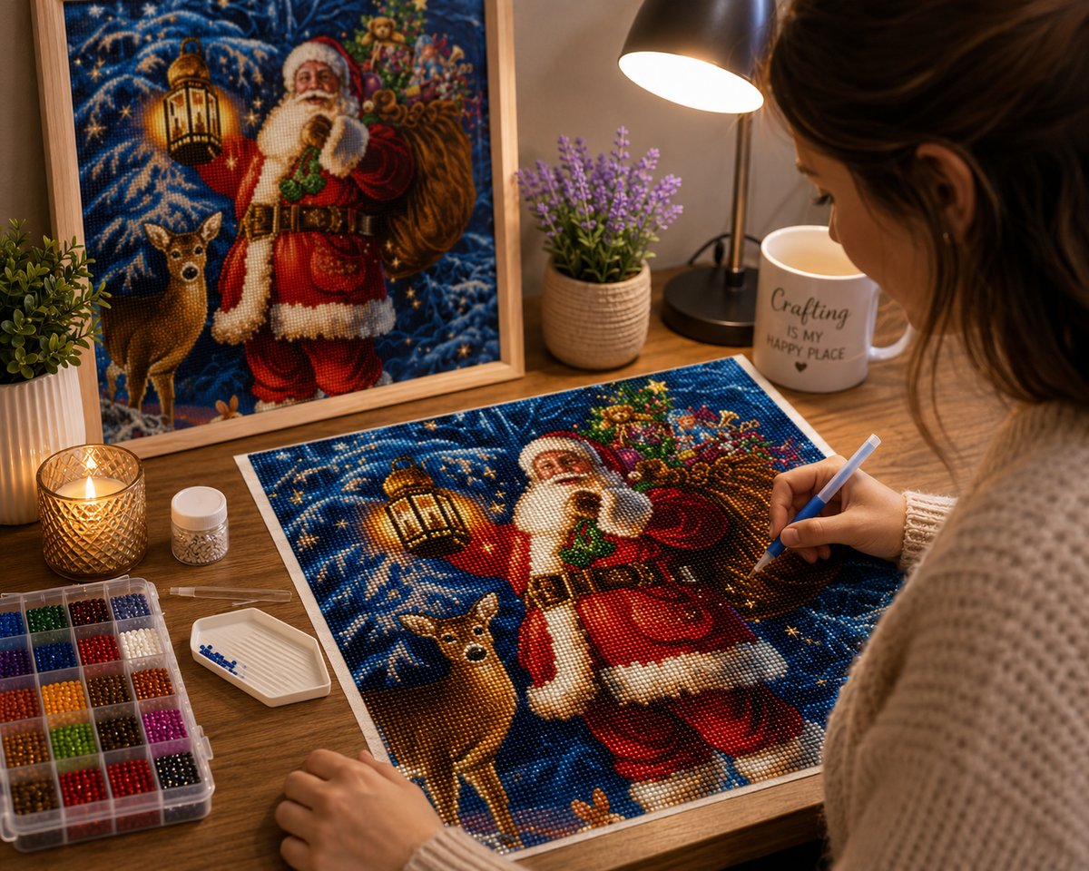 Working on the Santa in the enchanted forest kit at a desk with a lamp, candle, and lavender plant | Azurra Shop