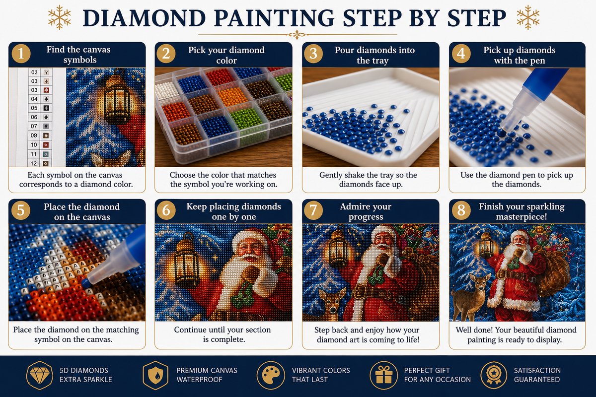Eight step guide showing how to complete the Santa in the enchanted forest diamond painting | Azurra Shop