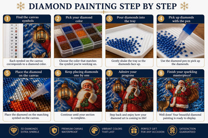 Eight step guide showing how to complete the Santa in the enchanted forest diamond painting | Azurra Shop