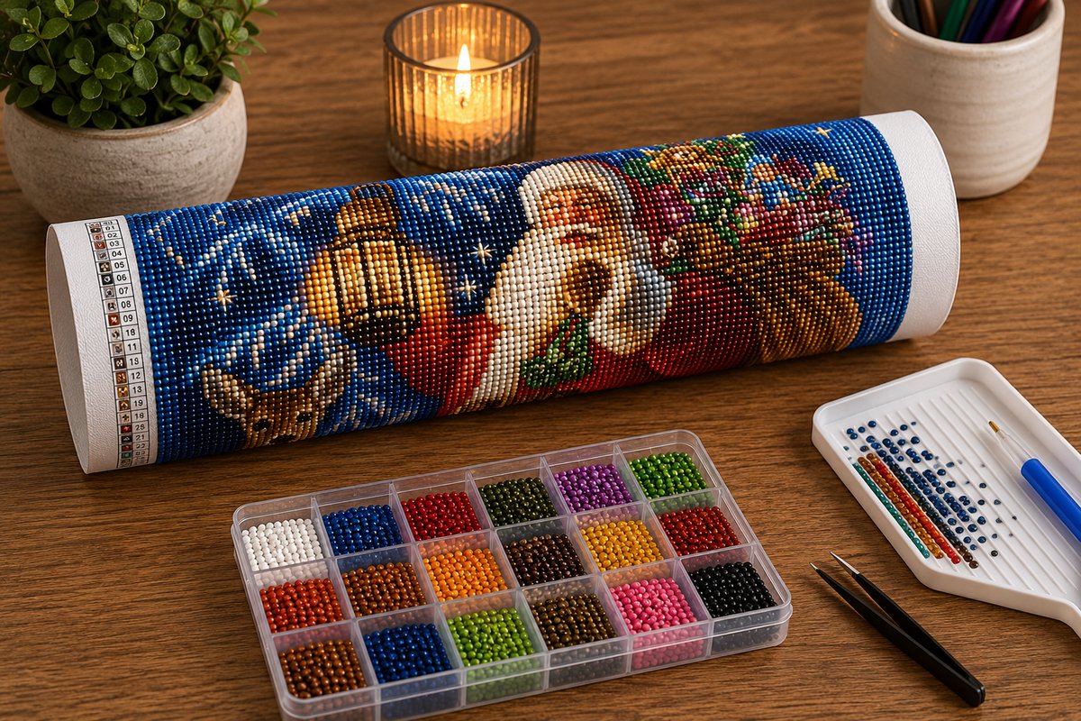 Rolled canvas and full supplies for the Santa in the enchanted forest kit, including diamond trays, applicator pen, and tweezers | Azurra Shop
