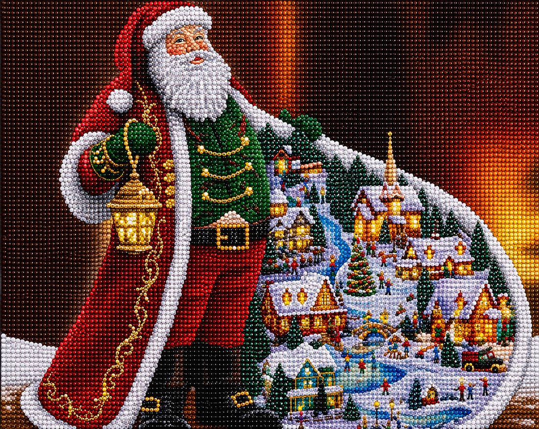 Close up of the finished Santa diamond painting with a snowy Christmas village tucked in his cape | Azurra Shop