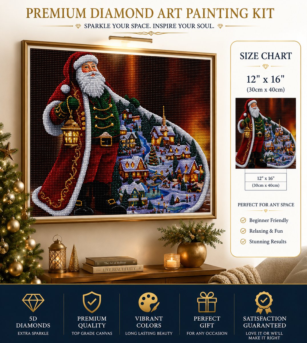 Framed Santa Christmas village diamond painting displayed above a living room console table | Azurra Shop