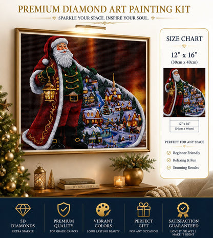Framed Santa Christmas village diamond painting displayed above a living room console table | Azurra Shop