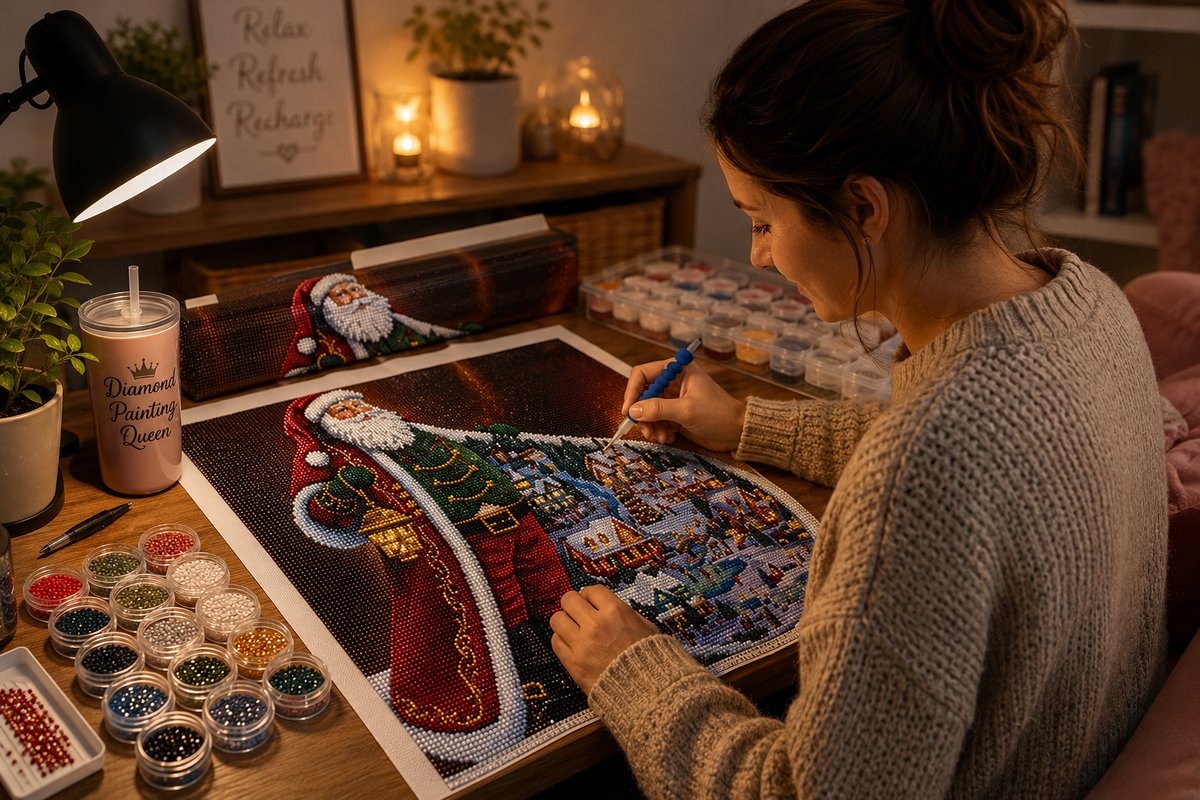 Working on the Santa Christmas village kit at a desk with a lamp, drink, and diamond trays nearby | Azurra Shop