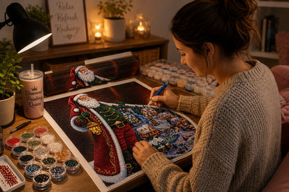 Working on the Santa Christmas village kit at a desk with a lamp, drink, and diamond trays nearby | Azurra Shop