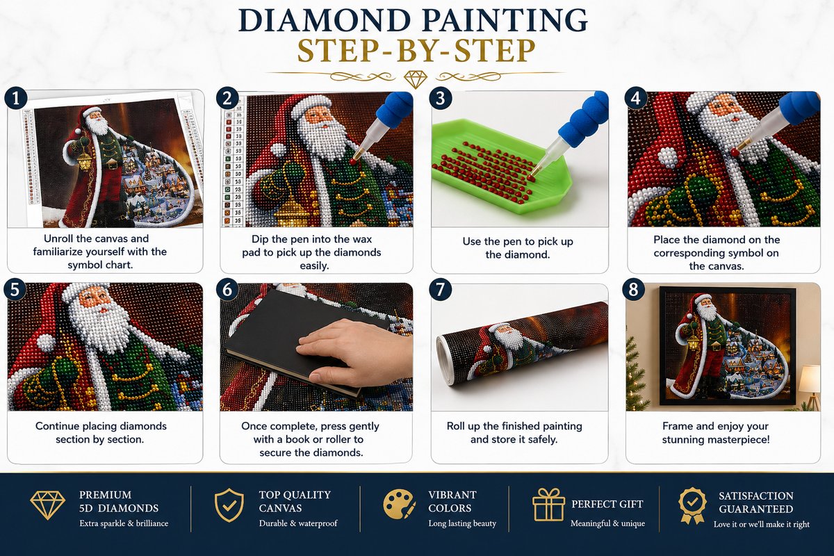 Eight step guide showing how to complete the Santa Christmas village diamond painting | Azurra Shop