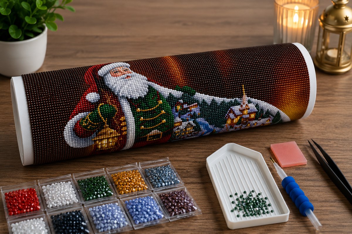 Rolled canvas and full supplies for the Santa Christmas village kit, including diamond trays, applicator pen, and tweezers | Azurra Shop
