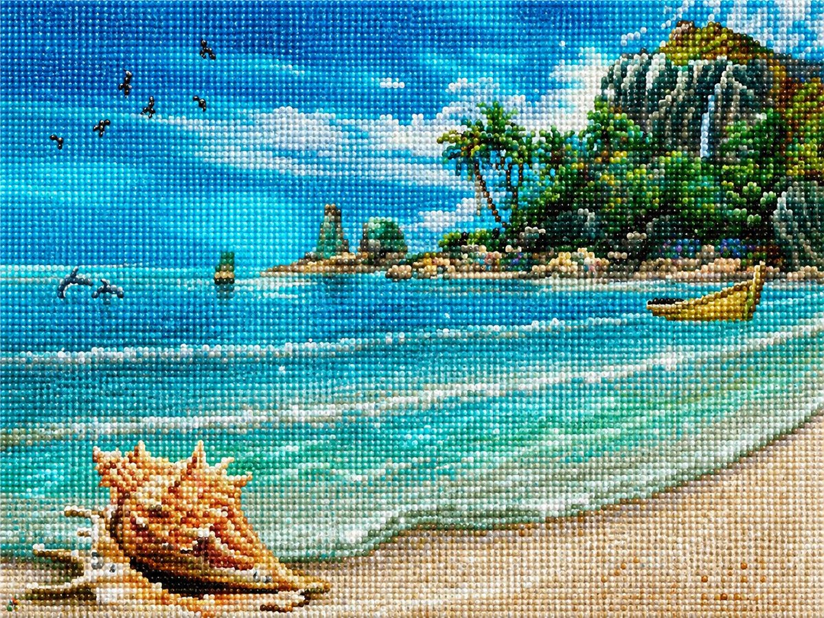 Close up of the finished conch shell on the beach diamond painting with sparkling drills | Azurra Shop