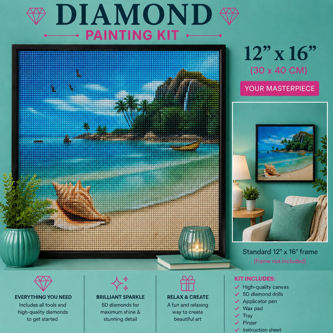 Framed conch shell on the beach diamond painting displayed in a cozy living room | Azurra Shop