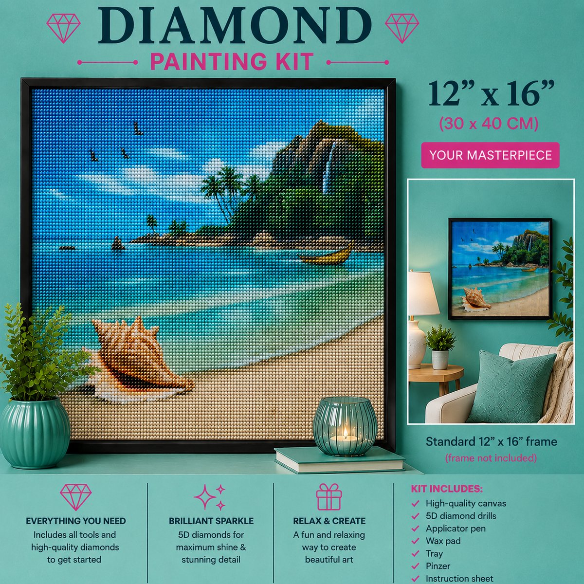 Framed conch shell on the beach diamond painting displayed in a cozy living room | Azurra Shop