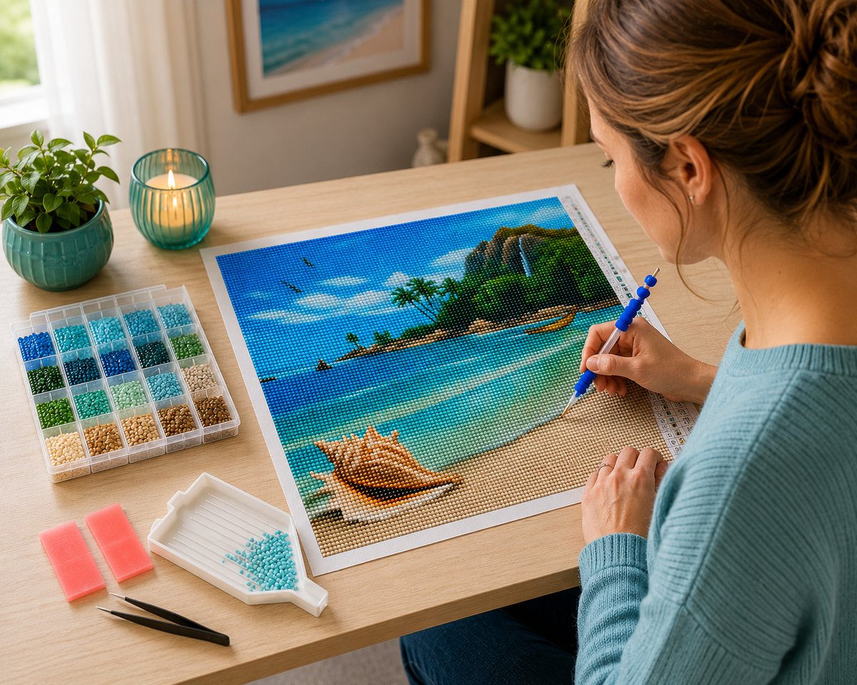 Working on the conch shell on the beach kit at a cozy desk with drill tools nearby | Azurra Shop