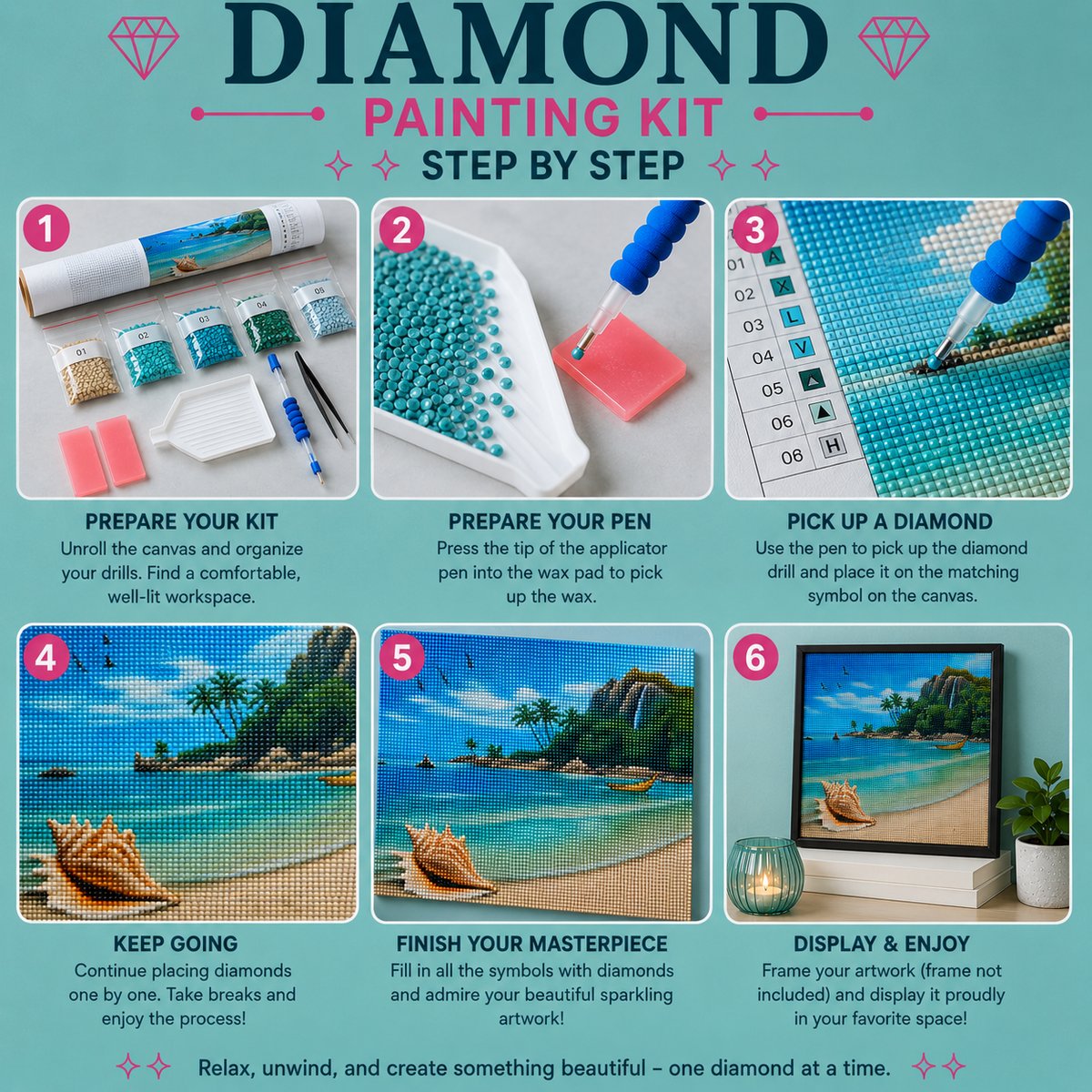 Step by step guide showing how to complete the conch shell on the beach diamond painting | Azurra Shop
