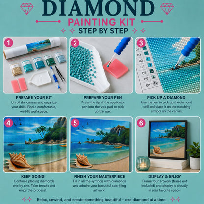 Step by step guide showing how to complete the conch shell on the beach diamond painting | Azurra Shop