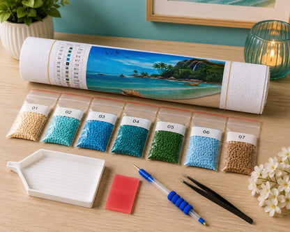 Rolled canvas and supplies for the conch shell on the beach kit, including drill packets, applicator pen, and wax pad | Azurra Shop