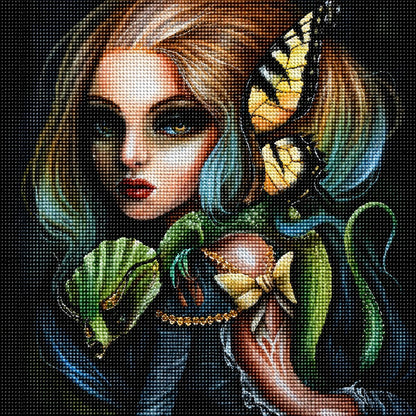 Finished serpent and butterfly enchantress diamond painting with a mystical woman, a yellow butterfly, and a green serpent coiled behind her | Azurra Shop