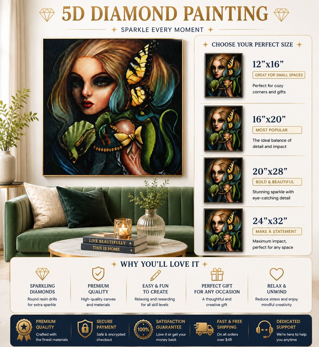 Serpent and butterfly enchantress diamond painting framed on a living room wall, available in 4 sizes from 12 by 16 to 24 by 32 inches | Azurra Shop