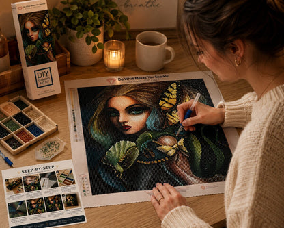 Woman placing diamonds on the serpent and butterfly enchantress canvas at a desk with coffee and a candle | Azurra Shop