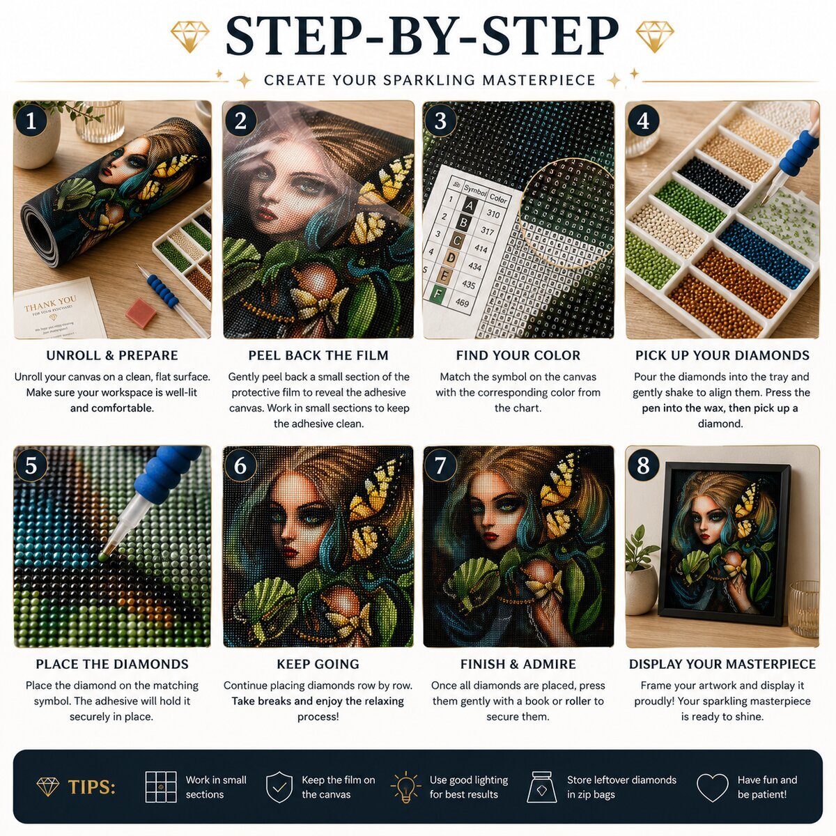 Eight step instructions for completing a diamond painting kit from canvas prep to display | Azurra Shop