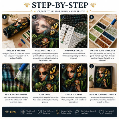 Eight step instructions for completing a diamond painting kit from canvas prep to display | Azurra Shop