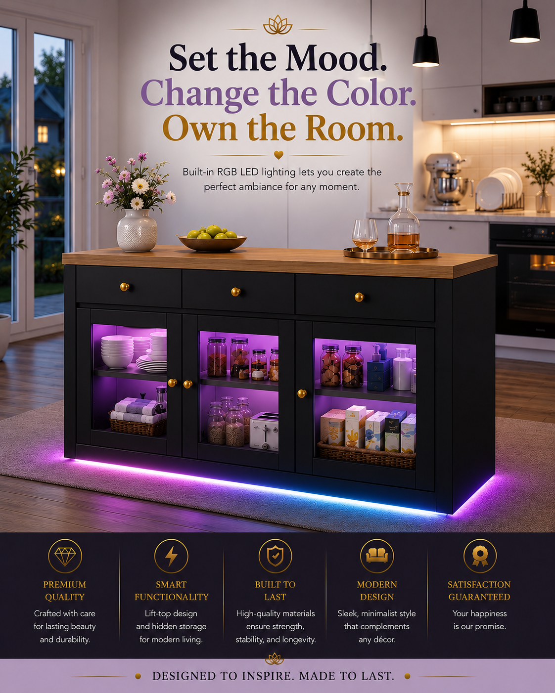 Extendable Kitchen Island with RGB LED Lights — Black