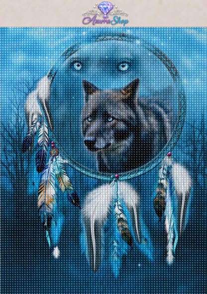 Shadow Wolf Teal Feathers Diamond Painting Kit