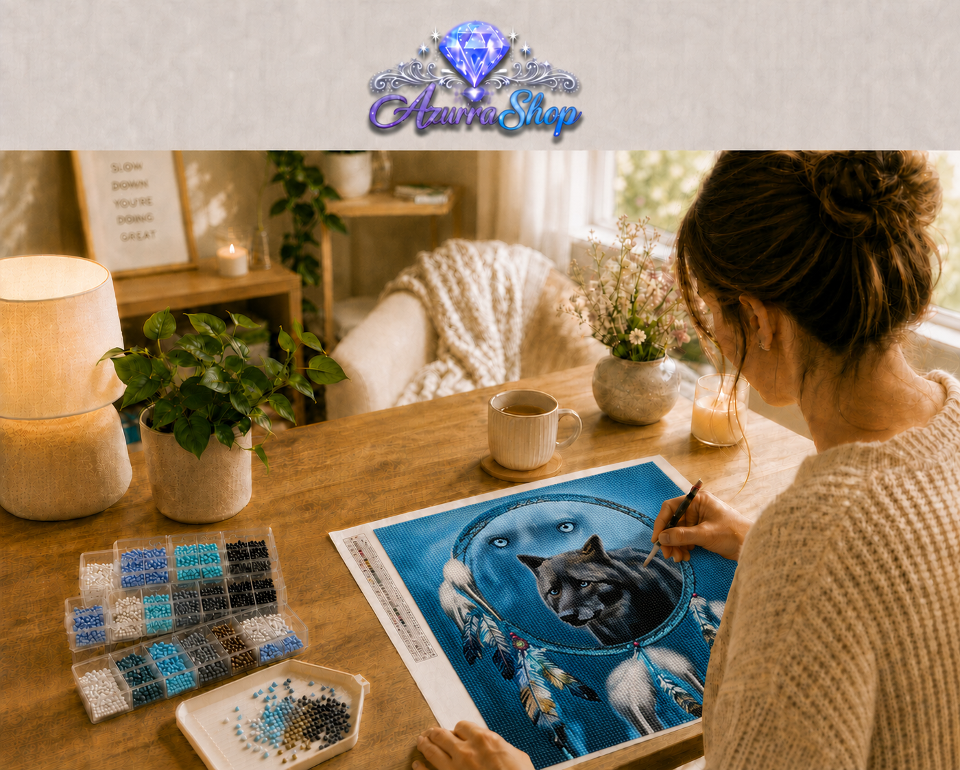 Shadow Wolf Teal Feathers Diamond Painting Kit