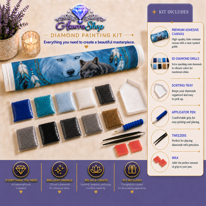 Shadow Wolf Teal Feathers Diamond Painting Kit
