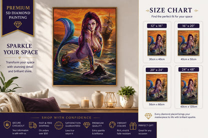 Siren of the sea diamond painting framed on a wall, available in 4 sizes from 12 by 16 to 24 by 48 inches | Azurra Shop