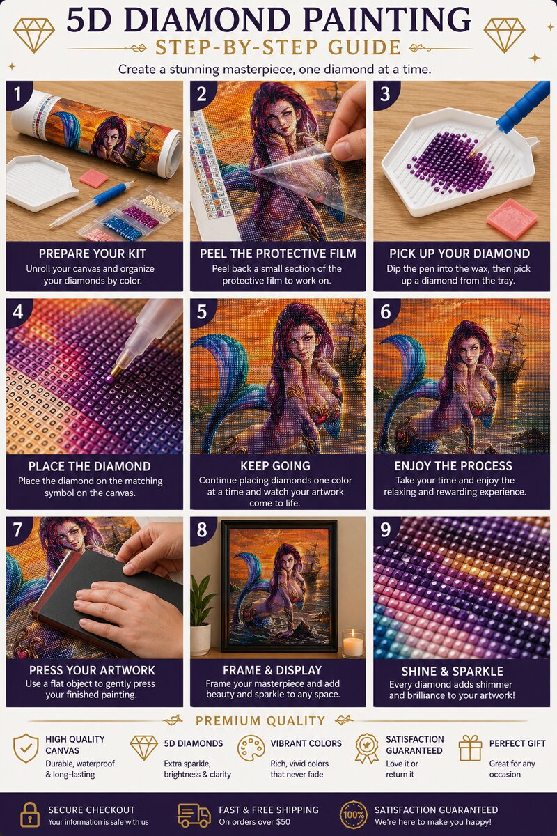 Nine step instructions for completing a diamond painting kit from canvas prep to framing and display | Azurra Shop
