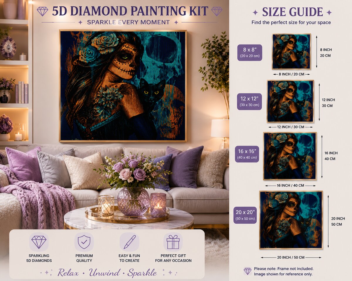 Framed sugar skull woman and black cat diamond painting displayed on a living room wall with purple pillows and flowers | Azurra Shop