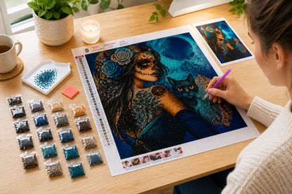 Sugar Skull Woman &amp; Black Cat with Teal Roses Diamond Painting Kit – woman placing diamond drills on large sugar skull woman canvas at bright wood desk with 19 sorted diamond drill bags in teal, black, gold, and gray tones, diamond sorting tray, purple applicator pen, orange wax pad, reference card, tea mug, candle, and potted plant in natural daylight
