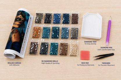 Sugar Skull Woman &amp; Black Cat with Teal Roses Diamond Painting Kit – flat lay on warm wood surface showing rolled sugar skull woman canvas, 19-color DMC diamond drill bags in black, navy, teal, gold, and blue tones, diamond sorting tray with teal drills, blue marbled applicator pen, color chart, pink heart wax pad, white roses, and glowing gold candle
