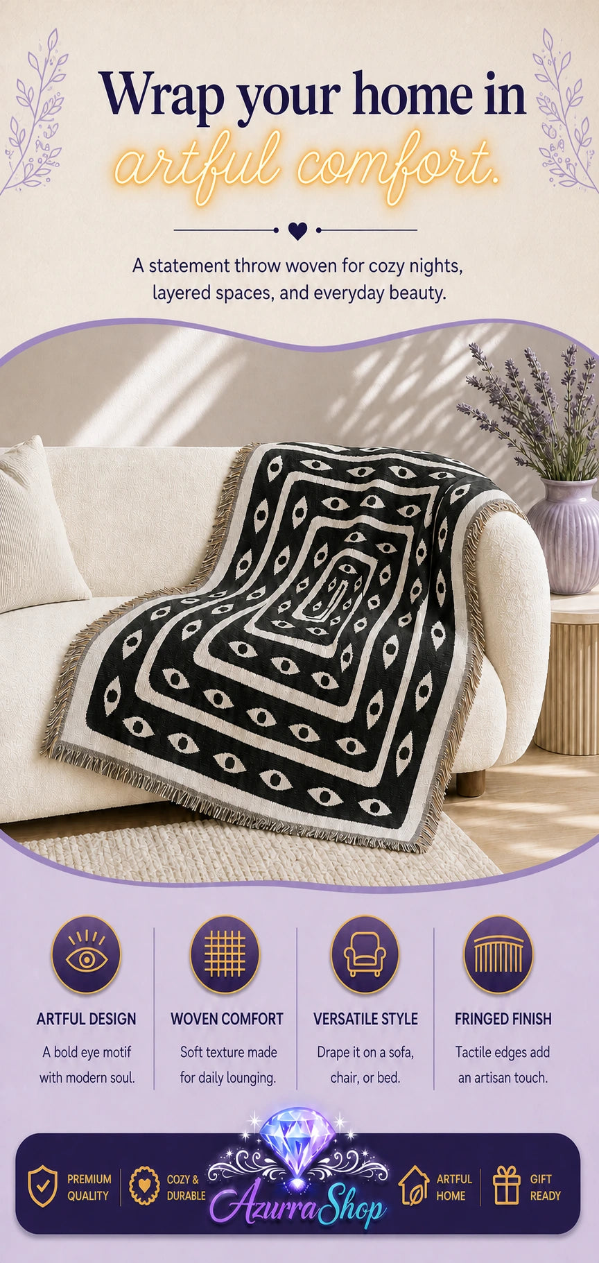 Serpent Bloom eye motif woven throw blanket with fringe edges draped over a cream sofa