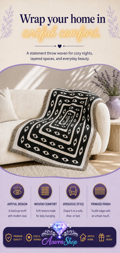 Serpent Bloom eye motif woven throw blanket with fringe edges draped over a cream sofa