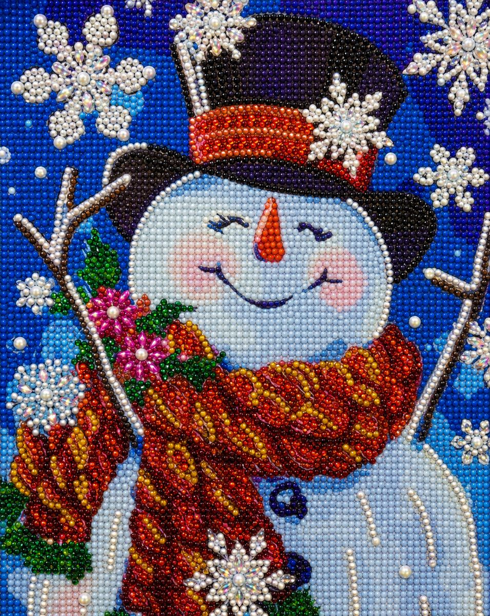 Close up of the finished crystal snowman diamond painting wearing a top hat and red scarf with sparkling snowflakes | Azurra Shop