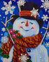 Close up of the finished crystal snowman diamond painting wearing a top hat and red scarf with sparkling snowflakes | Azurra Shop
