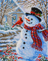 Close up of the finished snowman diamond painting greeting a red cardinal in a snowy yard | Azurra Shop