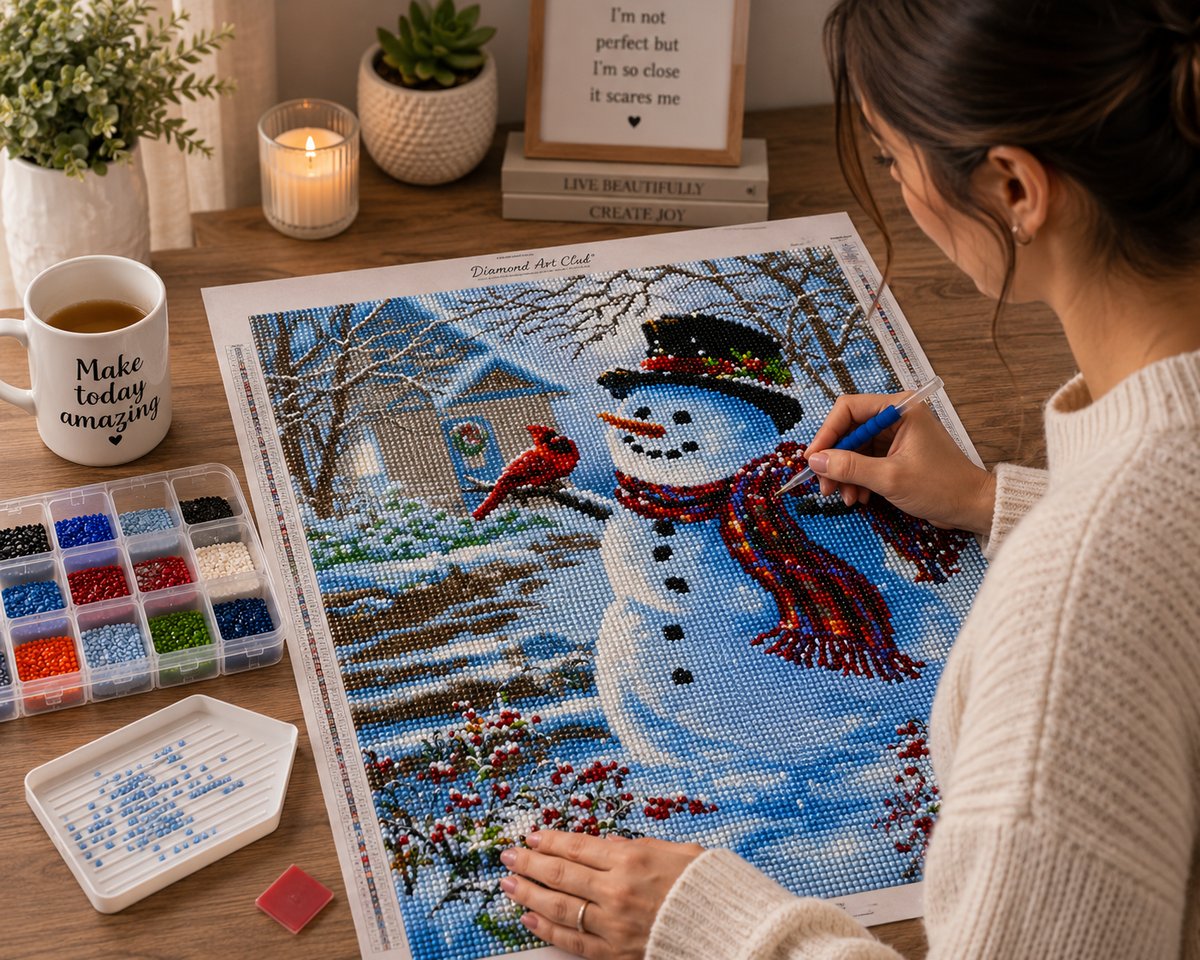 Working on the snowman and cardinal kit at a desk with a candle, plant, and mug of coffee | Azurra Shop