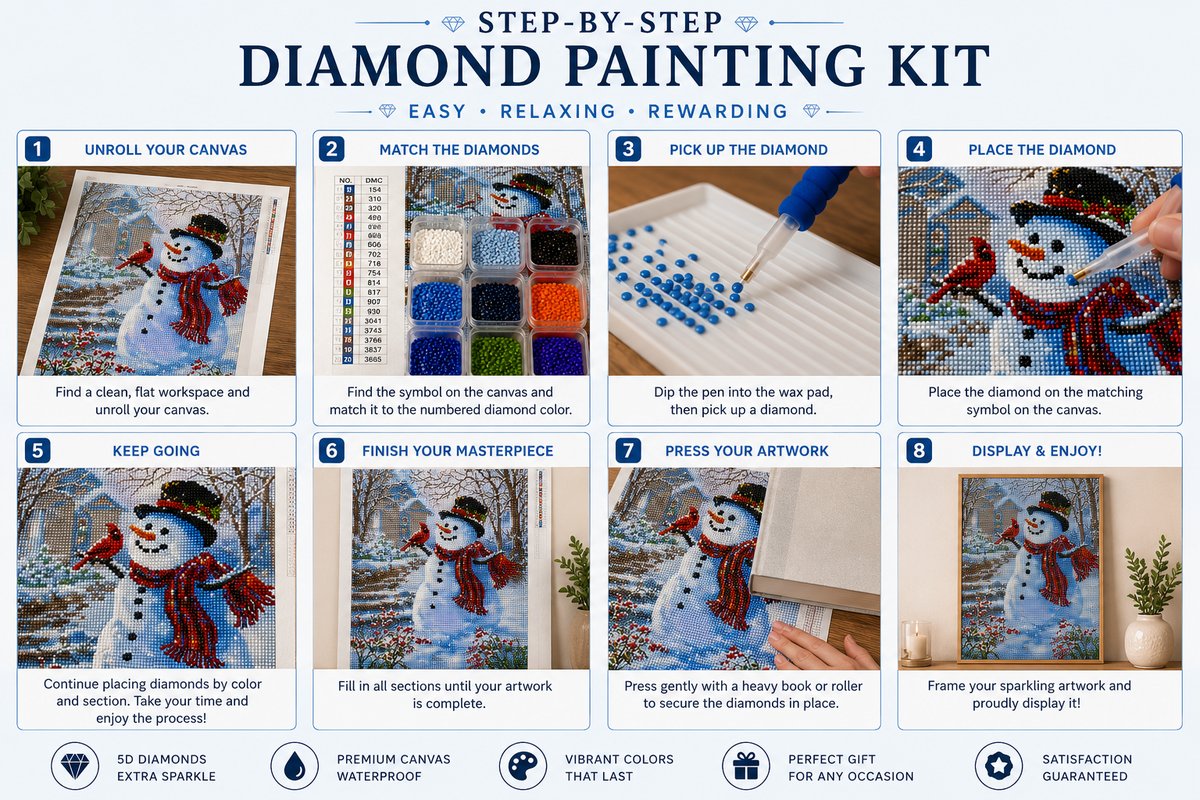 Eight step guide showing how to complete the snowman and cardinal diamond painting | Azurra Shop