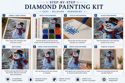 Eight step guide showing how to complete the snowman and cardinal diamond painting | Azurra Shop