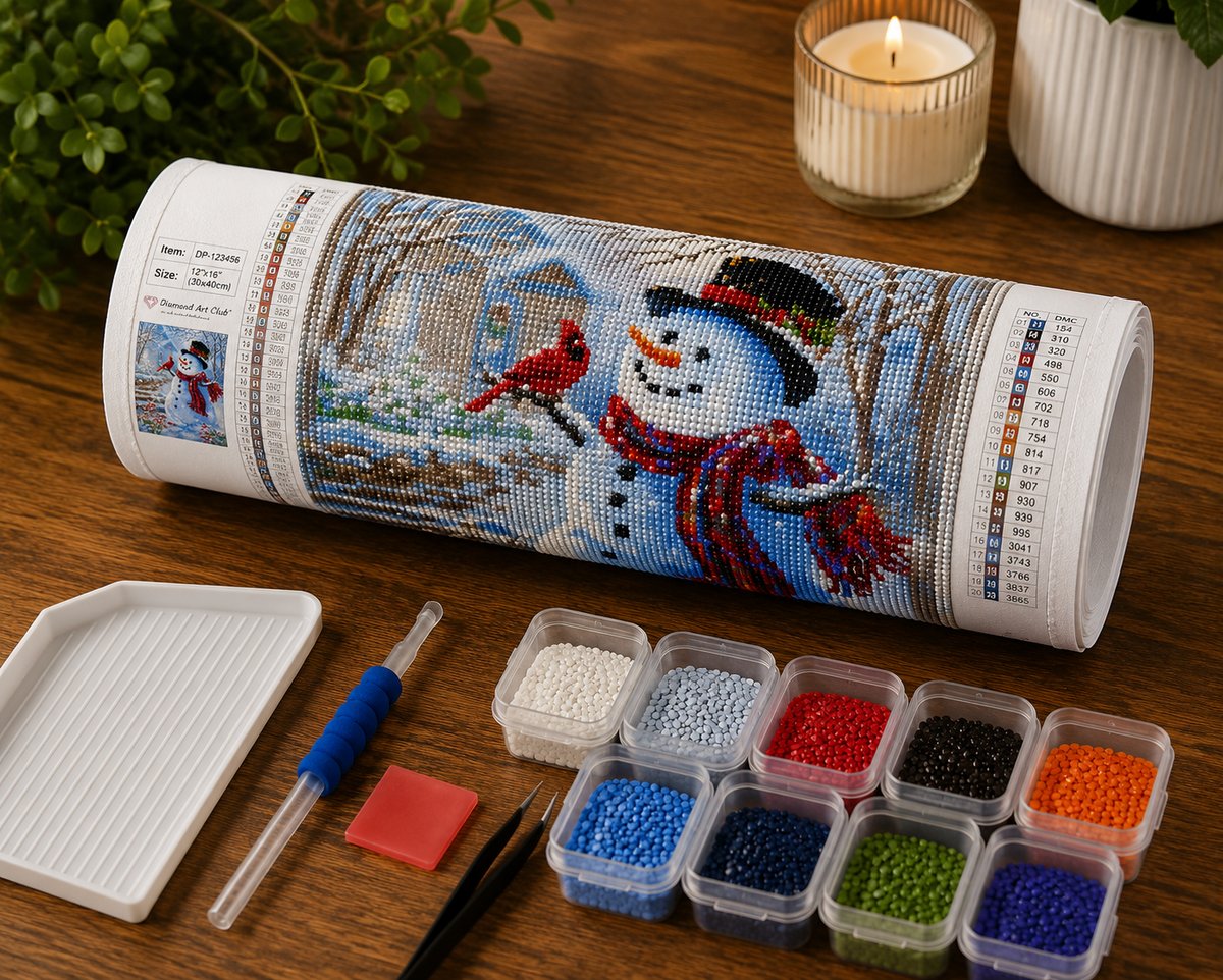 Rolled canvas and full supplies for the snowman and cardinal kit, including diamond trays, applicator pen, and tweezers | Azurra Shop