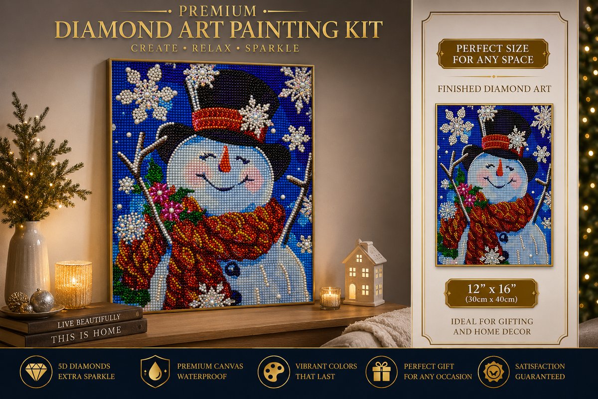 Framed crystal snowman diamond painting displayed on a living room console table | Azurra Shop